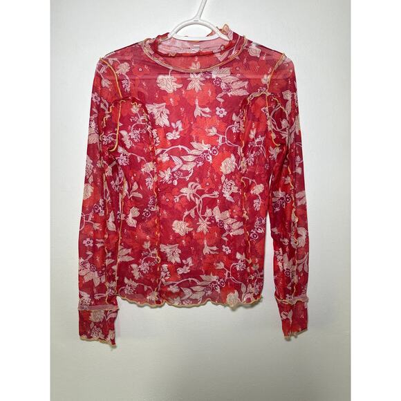 Womens floral mesh crinkle long sleeve top medium y2k festival boho goth - Picture 1 of 9